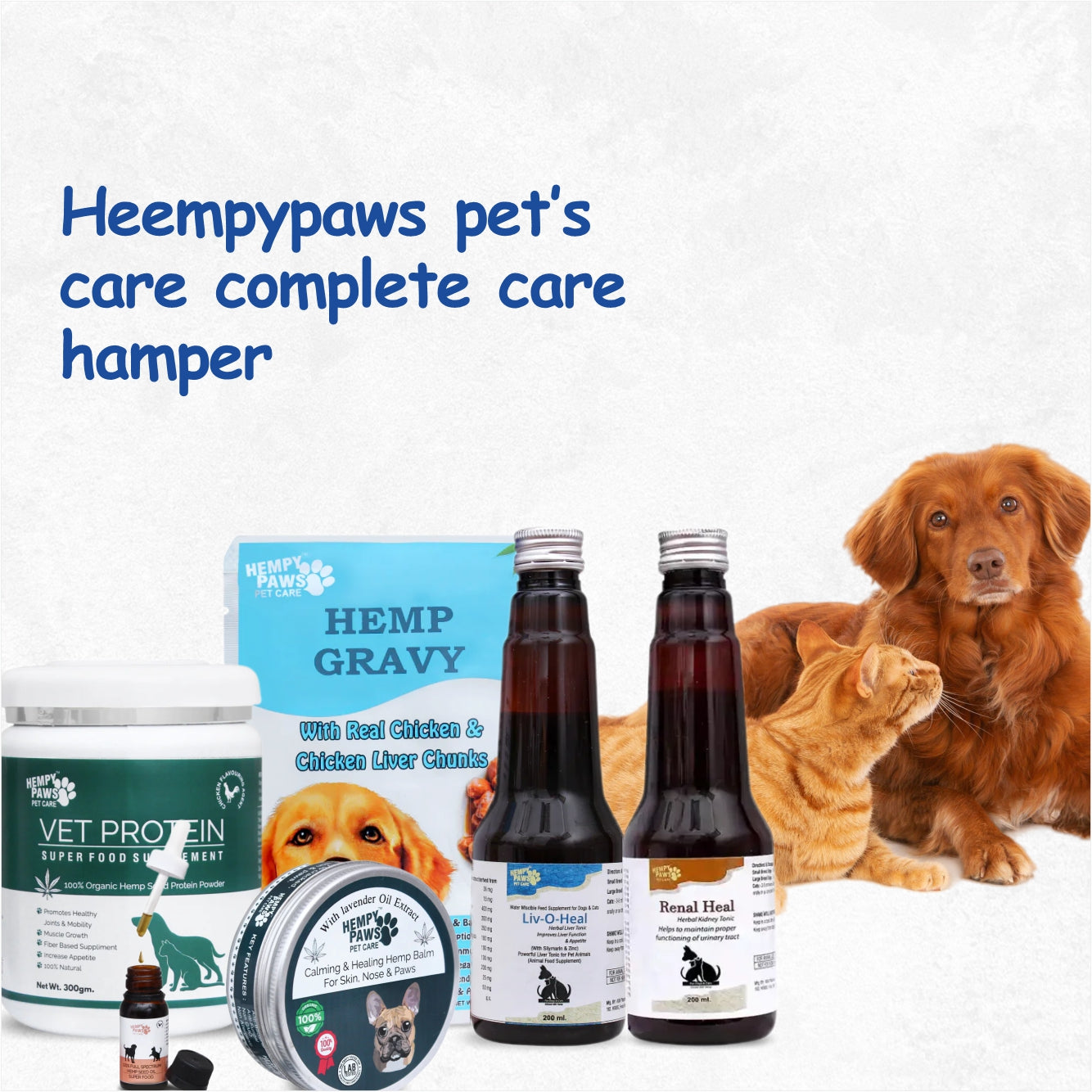 ⁠Heempypaws pet’s care complete care hamper :- (hemp seed oil + Vet Protein + hemp balm + liv-o-heal + Renal Heal + Hemp Gravy )