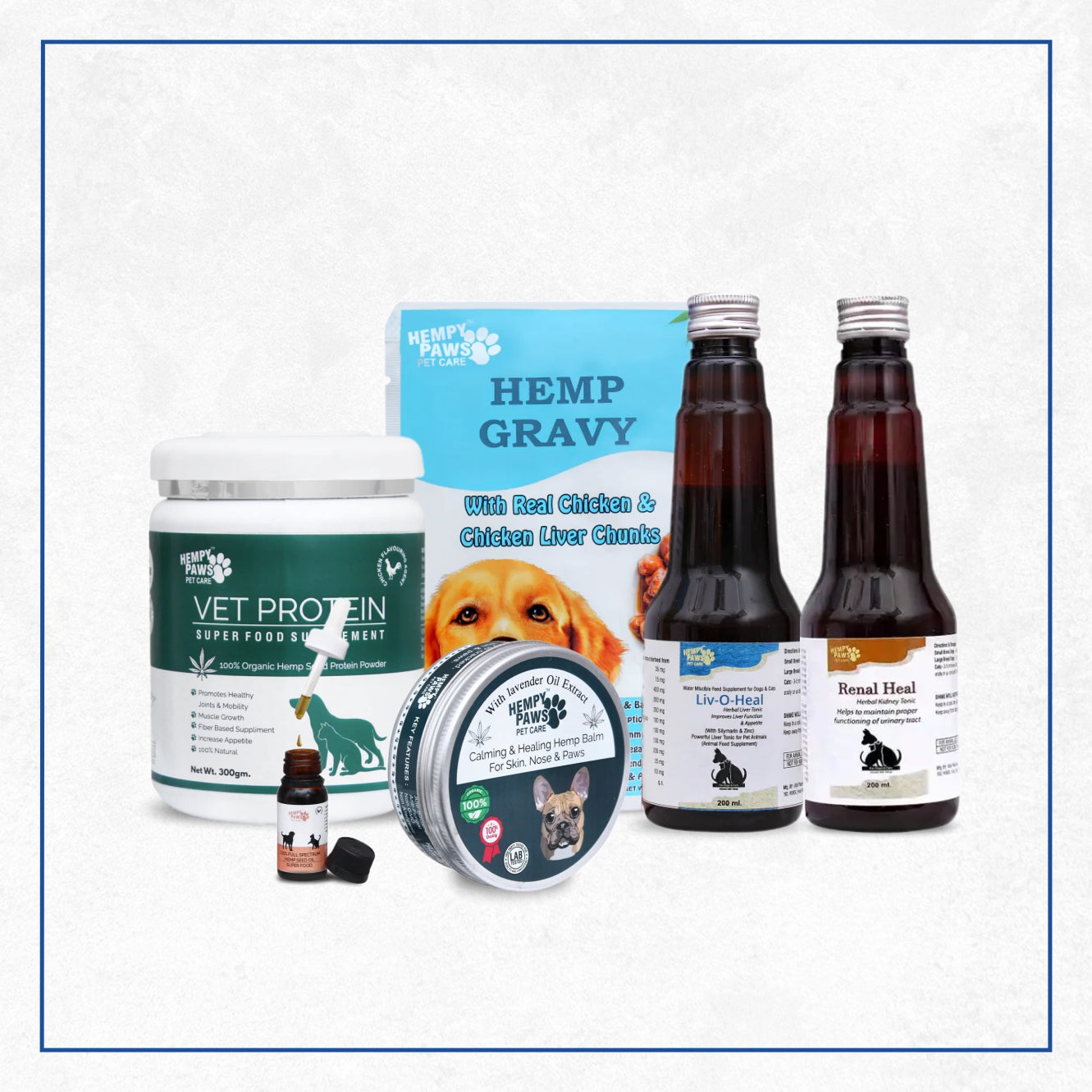 ⁠Heempypaws pet’s care complete care hamper :- (hemp seed oil + Vet Protein + hemp balm + liv-o-heal + Renal Heal + Hemp Gravy )